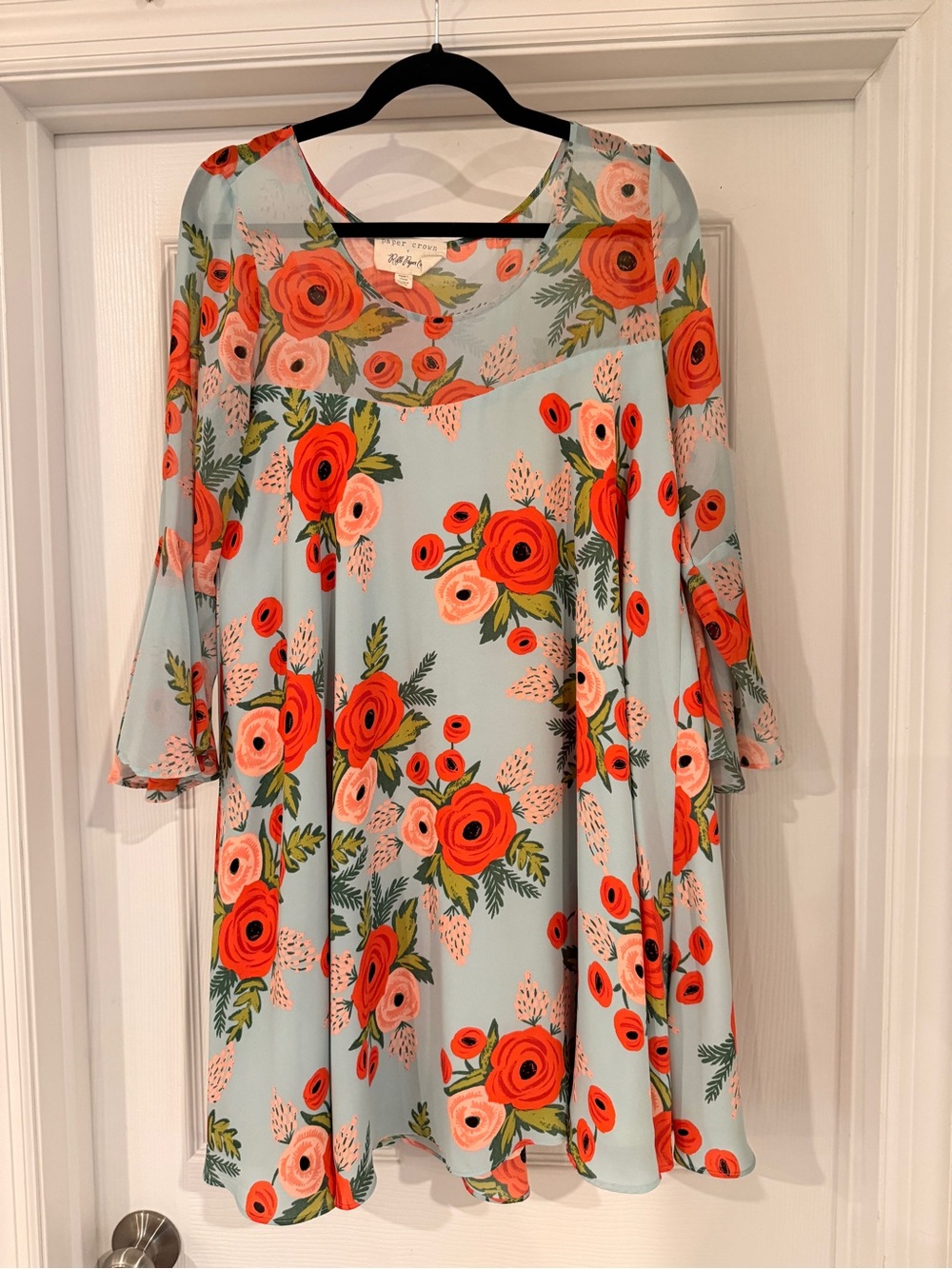 Rifle Paper Co. Light Blue Swing Dress with Coral and Pink Floral Print